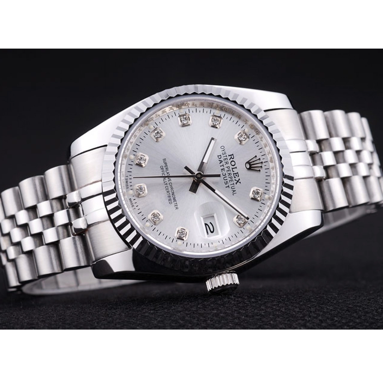 Rolex copies cheap 7455 Diamonds Ribbed Dial Rolex Bezel Datejust Silver 0727